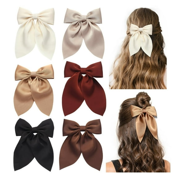 CHUNYAN 6Pcs Hair Bows for Girls, Satin Hair Bow Alligator Clips, Silky Ribbon Hair Accessories for Women, Neutral Color Bow Hair Clips, Maroon Bows for Girls
