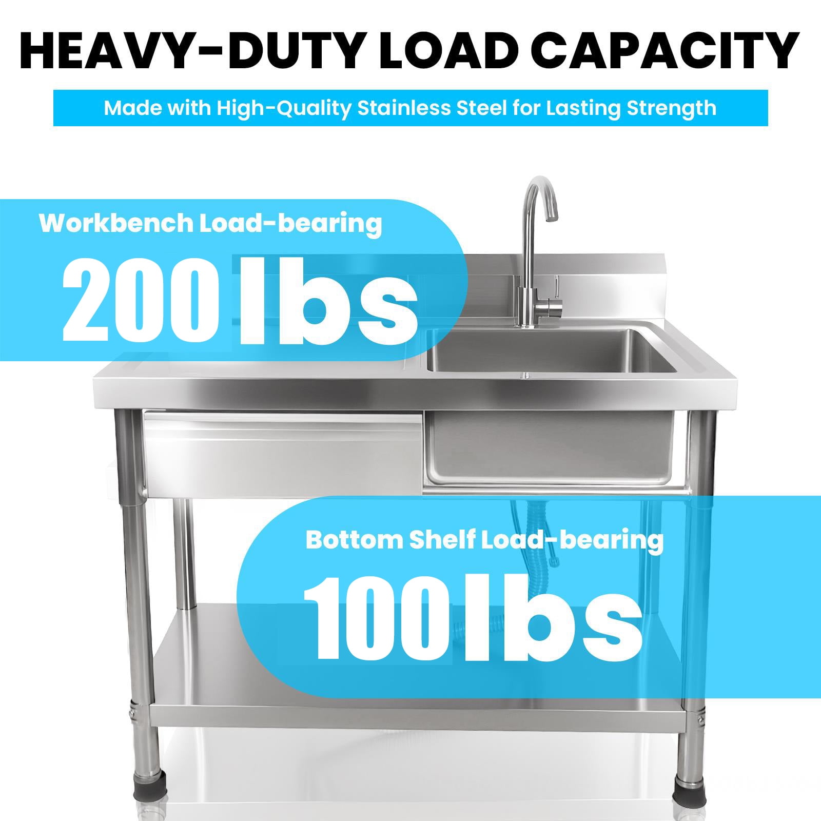 Freestanding Sink with Drawer, Stainless Steel Sink, pipe Hot & Cold Adjustable System, 300lbs Heavy Duty Stainless Steel Sink, Adjustable Feet Stable, Commercial Kitchen Sink for Indoor Outdoor