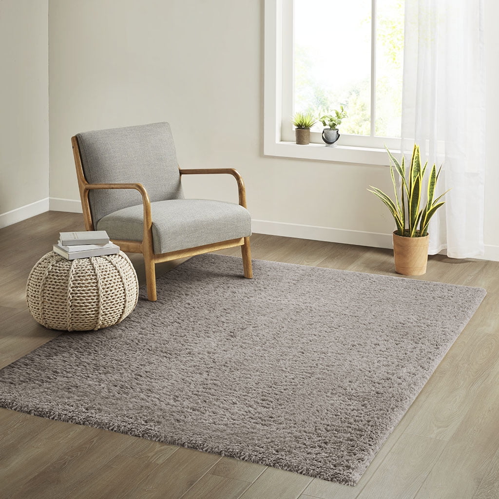 Super Soft Polyester Shag Area Rug 6x9ft Solid Grey High Pile Modern Rug Non-Slip Latex Backing Easy Clean for High-Traffic Living Room Home Decor