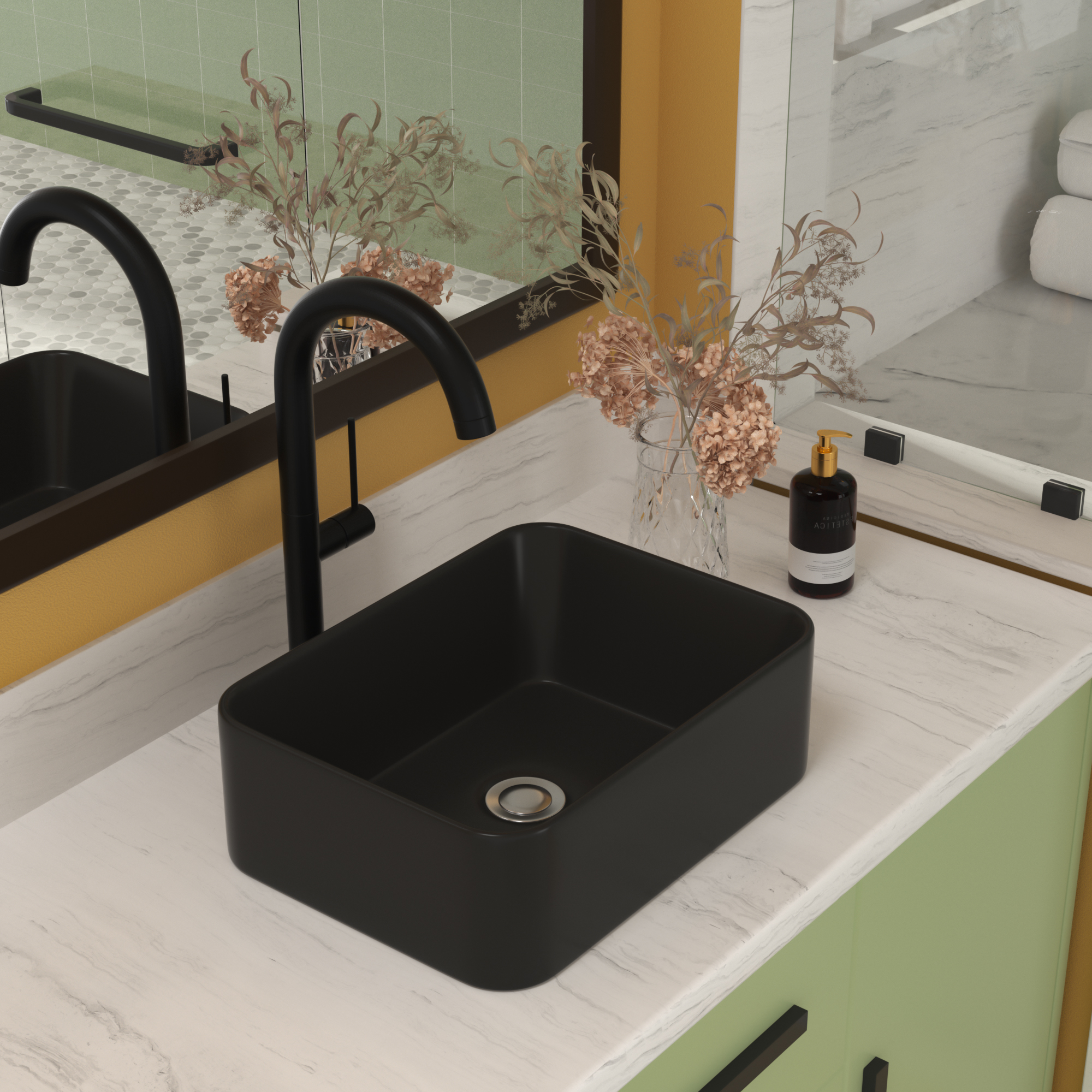 Logmey 16"Lx12"W Rectangle Black Vessel Sink for Bathroom Ceramic Sink Above Counter Basin Art