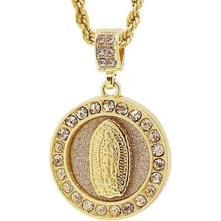Gold Tone Round Our Lady of Guadalupe Pave Pendant with 24" Rope Chain #3108