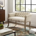 thumbnail image 2 of French Vintage Loveseat Sofa, Fabric, Wood, Beige, Modern Contemporary Urban Design, Living Lounge Room Hotel Lobby Hospitality, 2 of 10