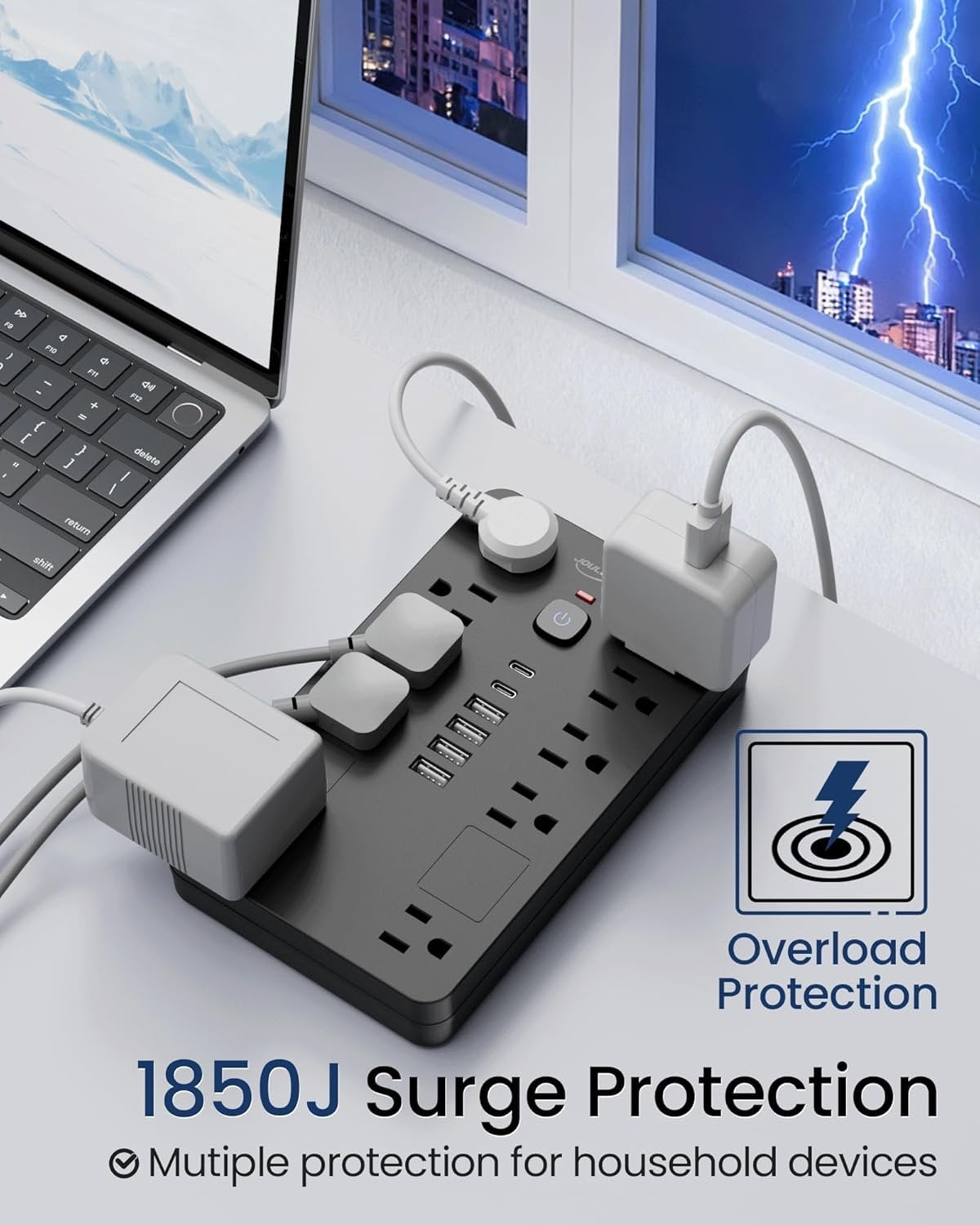 Surge Protector Power Strip,10 Outlets(1850W/15A/14AWG) with 6 USB Ports (2 USB C), 6  Extension Cord wall Mount Power Strip, ETL Listed for , Dorm Room