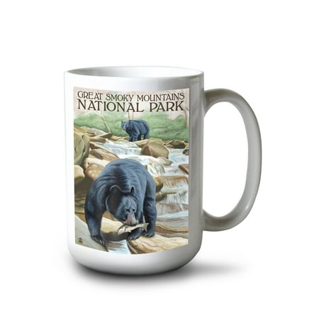 

15 fl oz Ceramic Mug Black Bears Fishing Smoky Mountains National Park TN Dishwasher & Microwave Safe