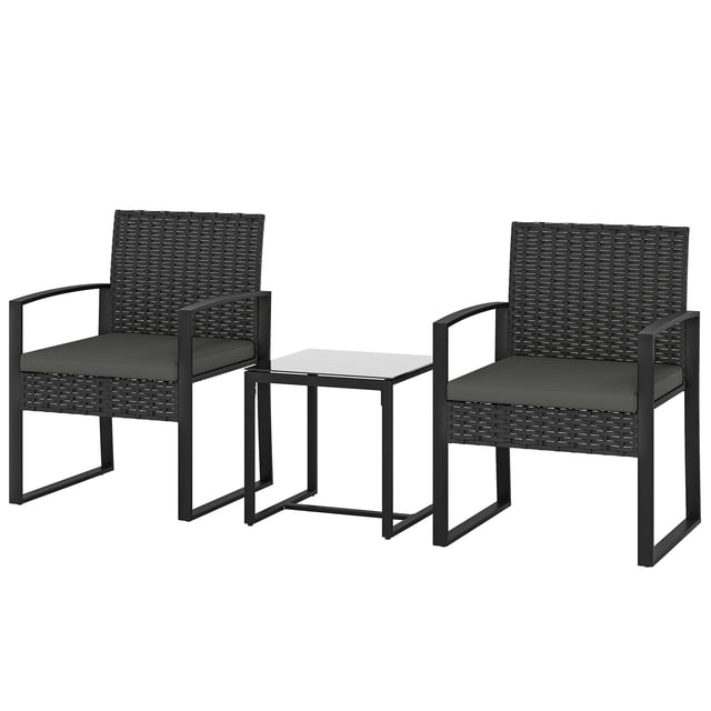 3-Piece Outdoor Bistro Set, PE Rattan Wicker Patio Furniture with Tempered Glass Table and High-Density Foam Cushions, Dark Grey Furniture for Balcony, Porch or Small Garden