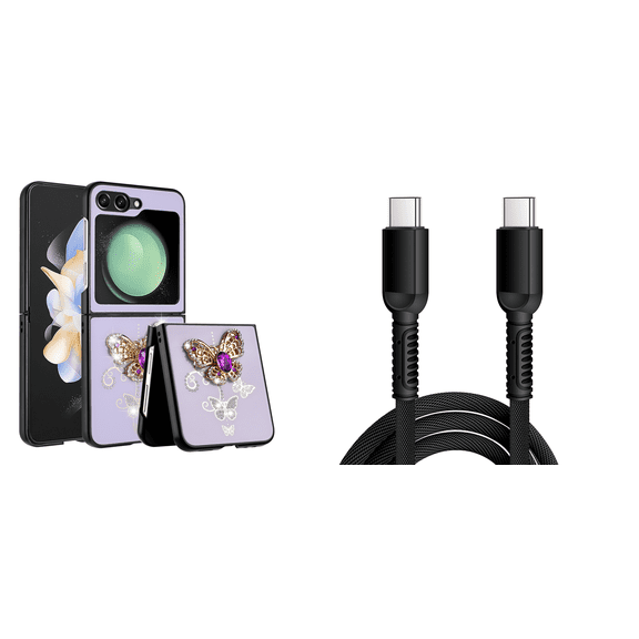 BEMZ Butterfly Diamond Gem Case for Galaxy Z Flip 5 Bundle with 30W USB-C to USB-C Charging Sync USB Cable - 6 Foot - Purple Gold