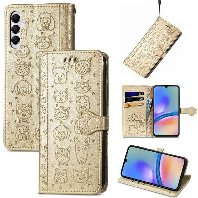 Funda Cartera FOXDOCK para Samsung Galaxy A05S , Flip PU con Relieve de Gatos y Perros, Tarjetero y Soporte