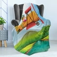 thumbnail image 4 of Cartoon Airplane Soft Flannel Fleece Blanket, Child Girl Flying Biplane over the River Green Field with Hills and Trees, Cozy Plush for Indoor and Outdoor Use, 50" x 70", Multicolor, by Ambesonne, 4 of 5