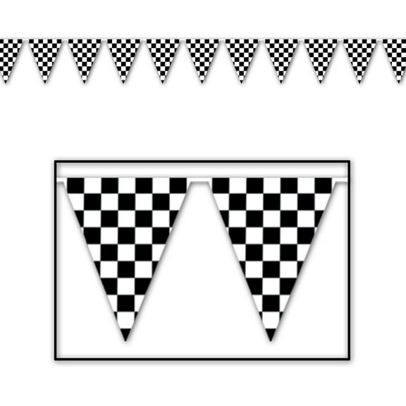 Club Pack of 12 Black and White Checkered Pennant Banner Hanging Decors 12'