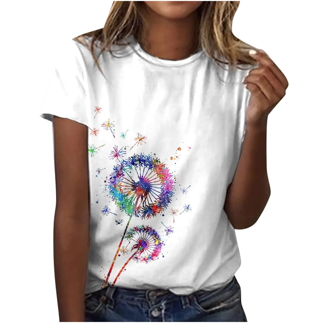 Camiseta de manga corta con cuello redondo y estampado floral suelto para mujer Pompotops hkajfhjk466433