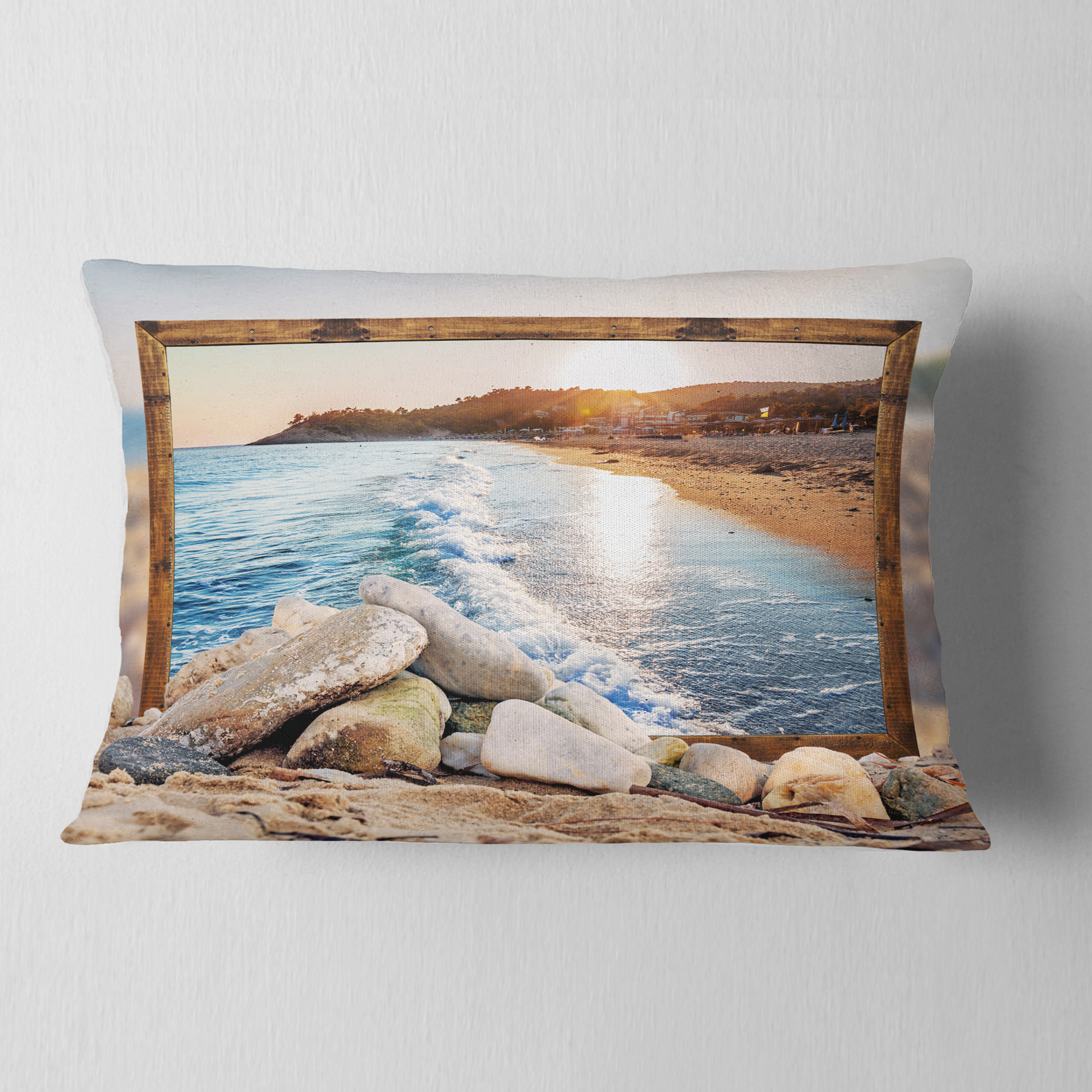 Designart Framed Effect Rocky Beach - Seashore Throw Pillow - 12x20