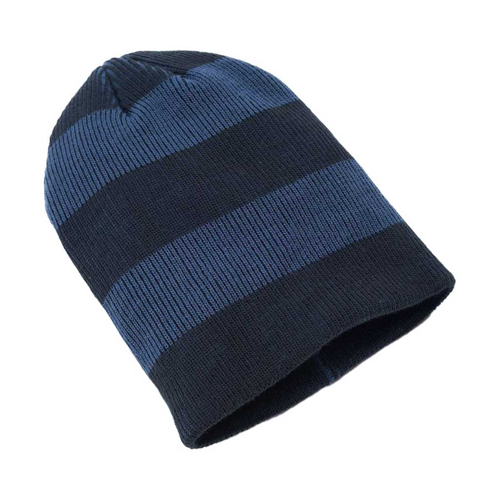 Navy Striped Slouchy Beanie Knit Hat 