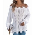 thumbnail image 3 of Women'S Solid Color Openwork Long-Sleeved Sweater, Off-Shoulder Knit Pullover White L, 3 of 9