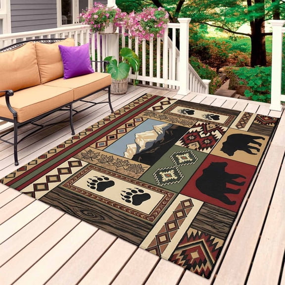 Lodge Bear Cabin Outdoor Rug for Patio/Deck/Porch, Non-Slip Large Area Rug 4 x 6 Ft, Vintage Brown Buffalo Plaid Boho Indoor Outdoor Rugs Washable Area Rugs, Reversible Camping Rug Carpet Runner