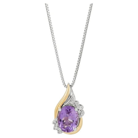 Brilliance Fine Jewelry Amethyst and Diamond Accent Birthstone Pendant Necklace in Sterling Silver with 10kt Yellow Gold, 18"
