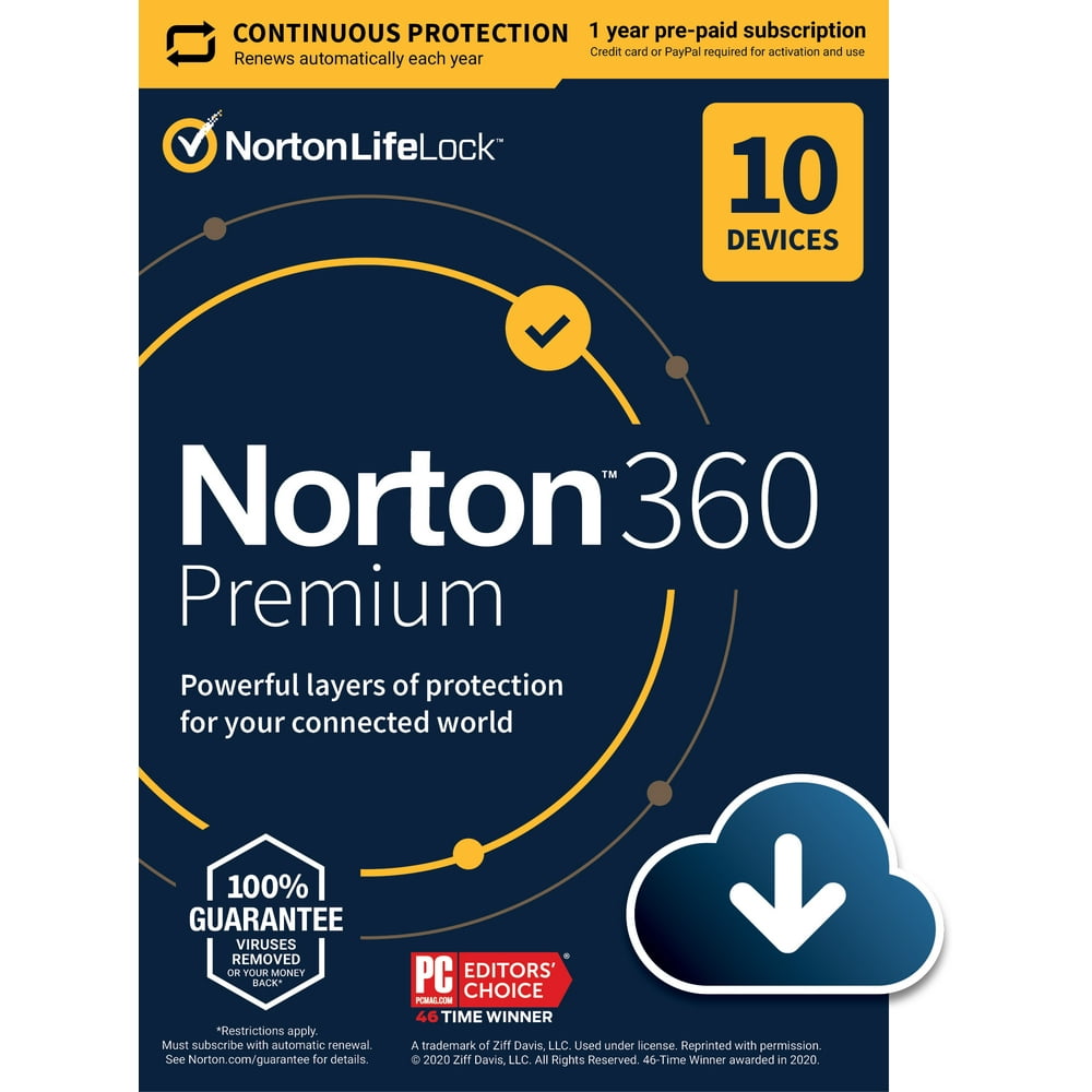 Norton 360 Premium + Antivirus,10 Devices, 1 Year with Auto Renewal, PC/Mac/Mobile Download