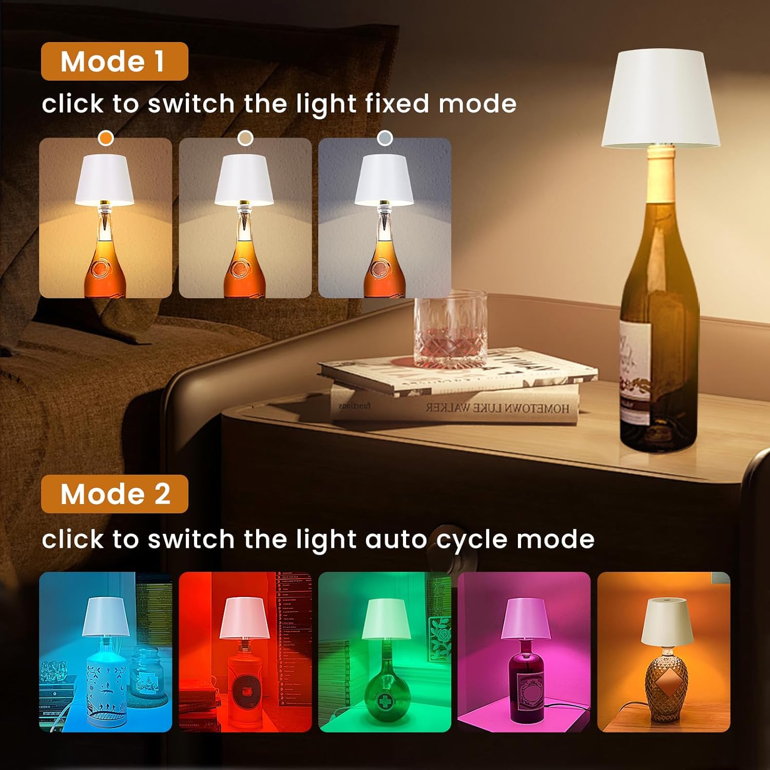 Wireless Bottle Lamp, 3 Color Stepless Dimming Rechargeable LED Wine Bottle Lights, Touch Wine Bottle Lamp with RGB Breathing Light Cordless Table Lamp for Bars Restaurants