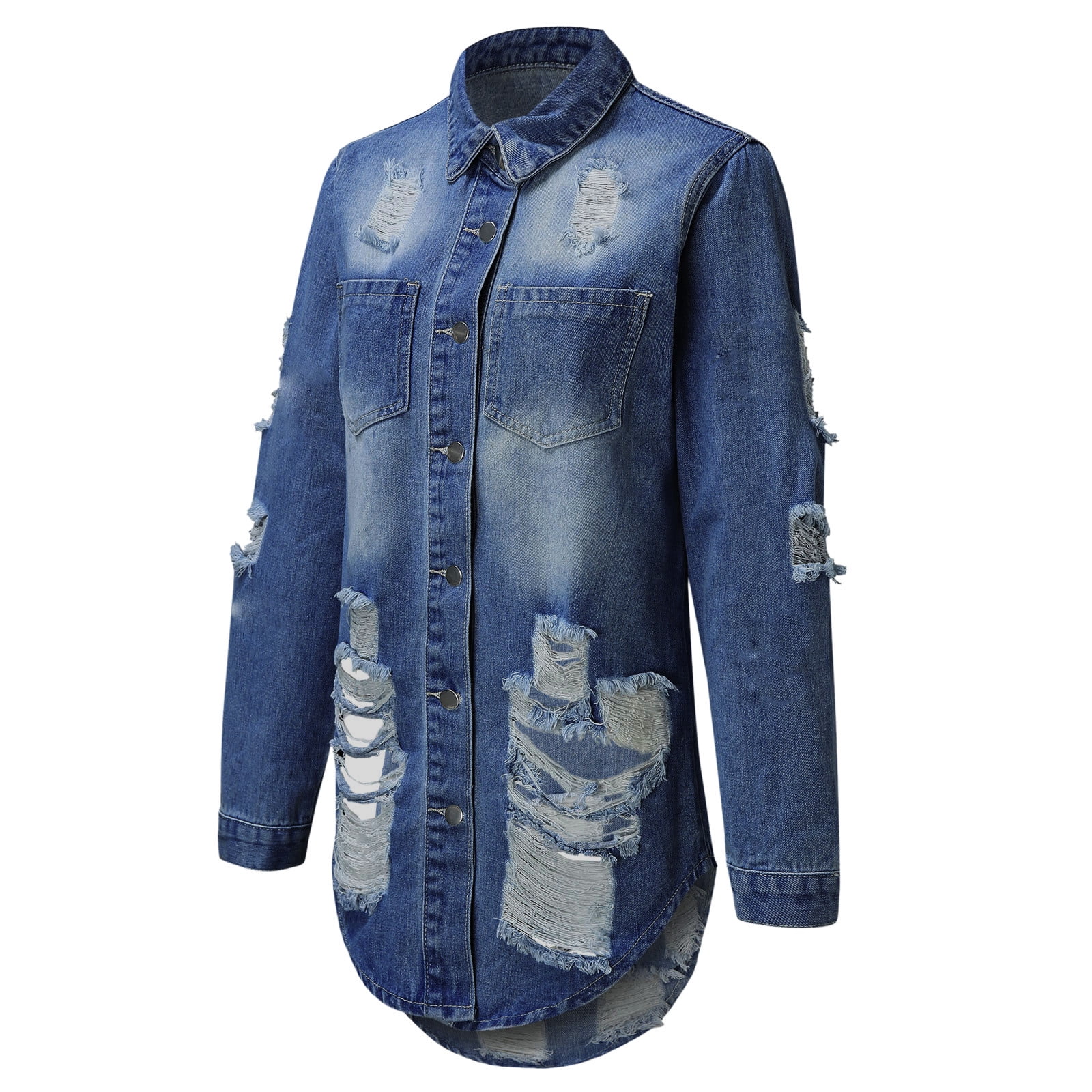 Women's Casual Distressed Ripped Long Denim Jean Jacket Dress Coat