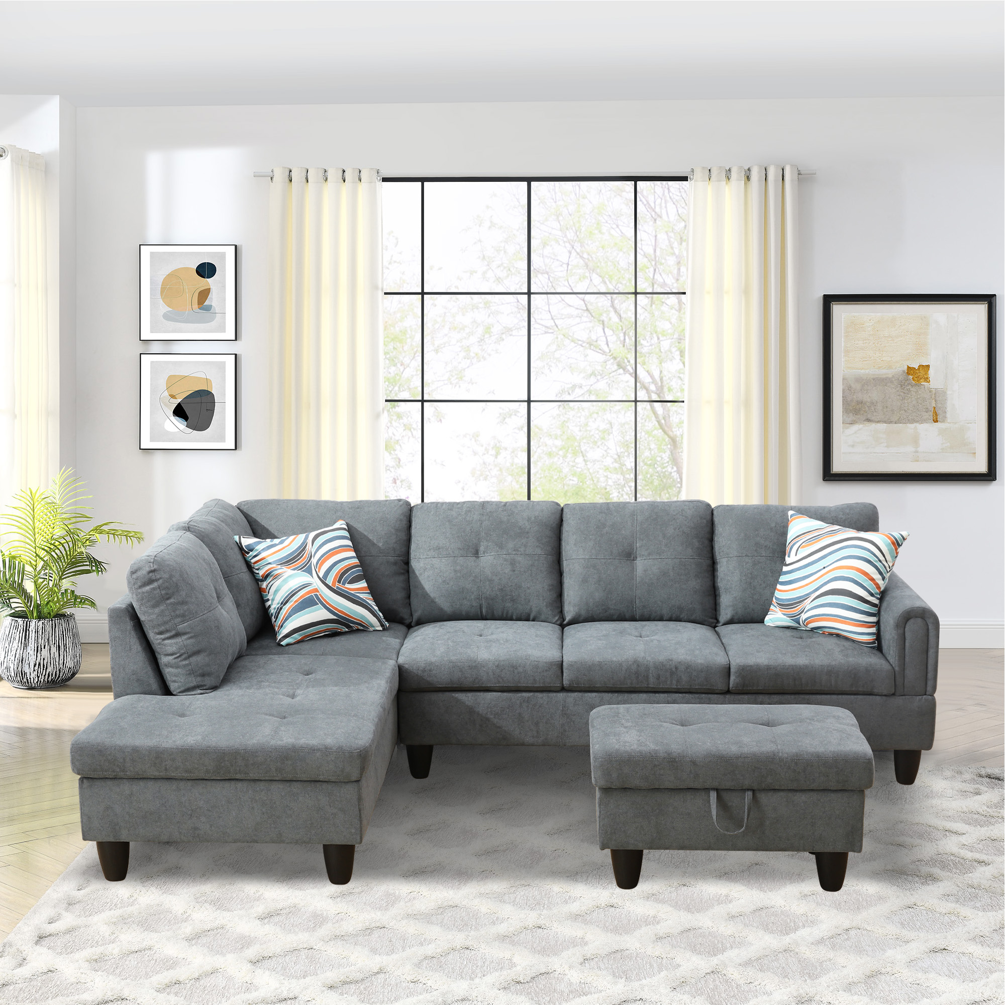 Aukfa Sectional Sofa, Living Room Couch with Storage Ottoman, Left Facing Chaise, Flannel, Dark Gray
