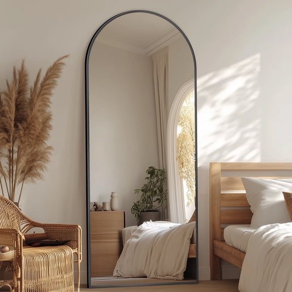 Antok Arched Full Length Mirror 58.3"x18", Standing Floor Mirror with Black Frame, Durable Anti-Shatter Glass, Freestanding/Wall Mountable for Bedroom, Living Room, Dressing Room