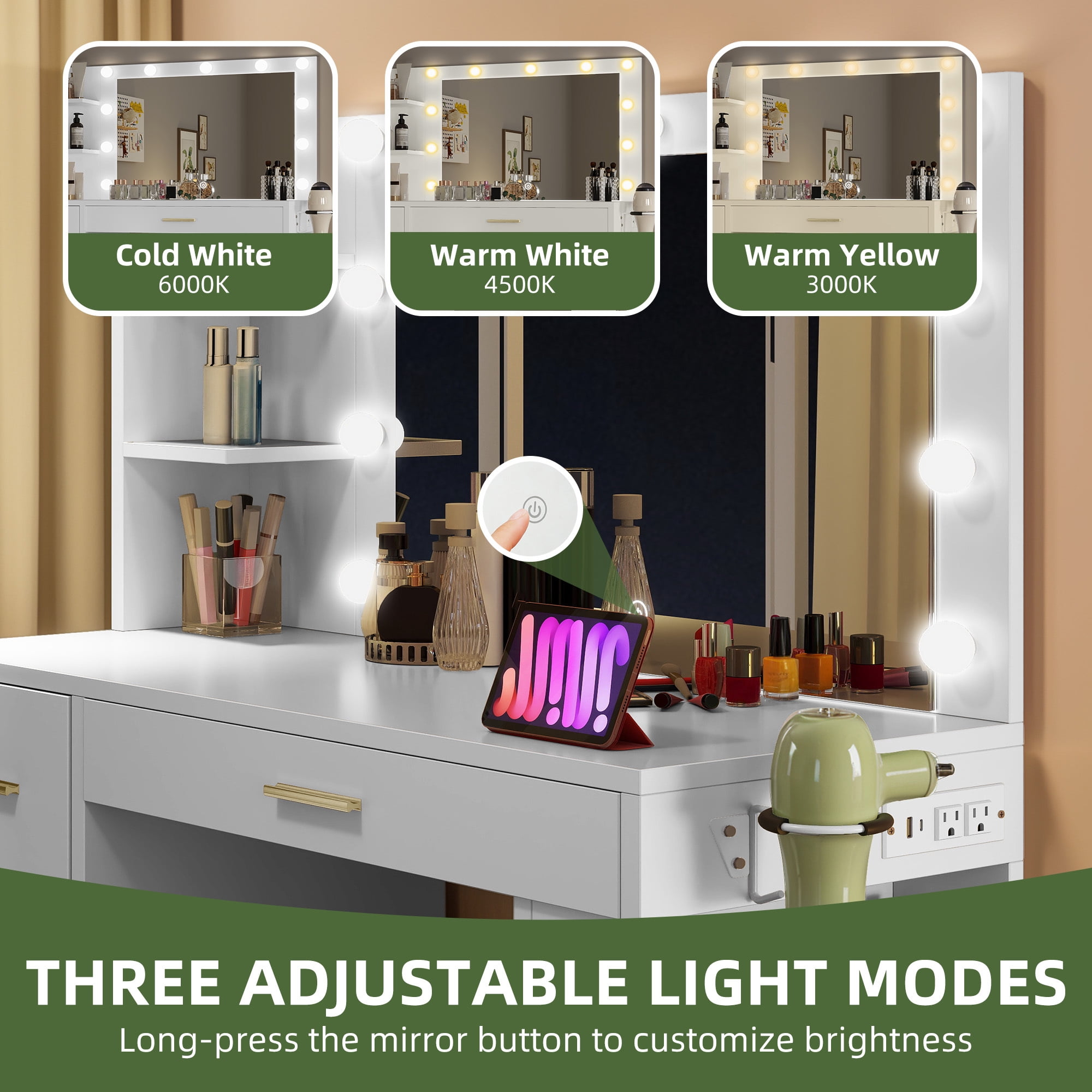 Uforic 40-Inch Makeup Vanity Desk with LED Mirror, Drawers, Shelves, and Power Outlets - White