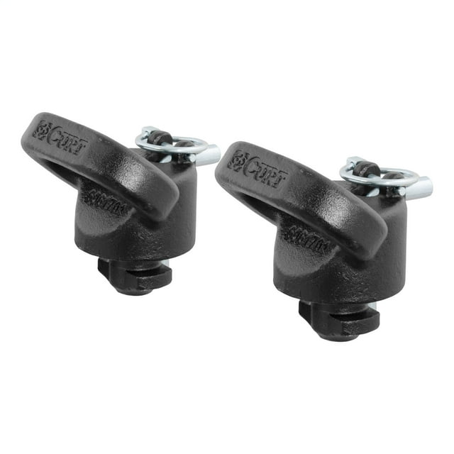 CURT 60617 Safety Chain Anchors designed for 11-24 Ram 2500 and 3500 models, featuring a durable carbide black powder coat finish. Constructed from heavy-duty forged steel, these anchors fit the Ram Puck System and provide a reliable connection for gooseneck trailer safety chains. The wide openings accommodate large safety chain clevis hooks, and the simple drop-in installation eliminates the need for tools. Patent pending.
