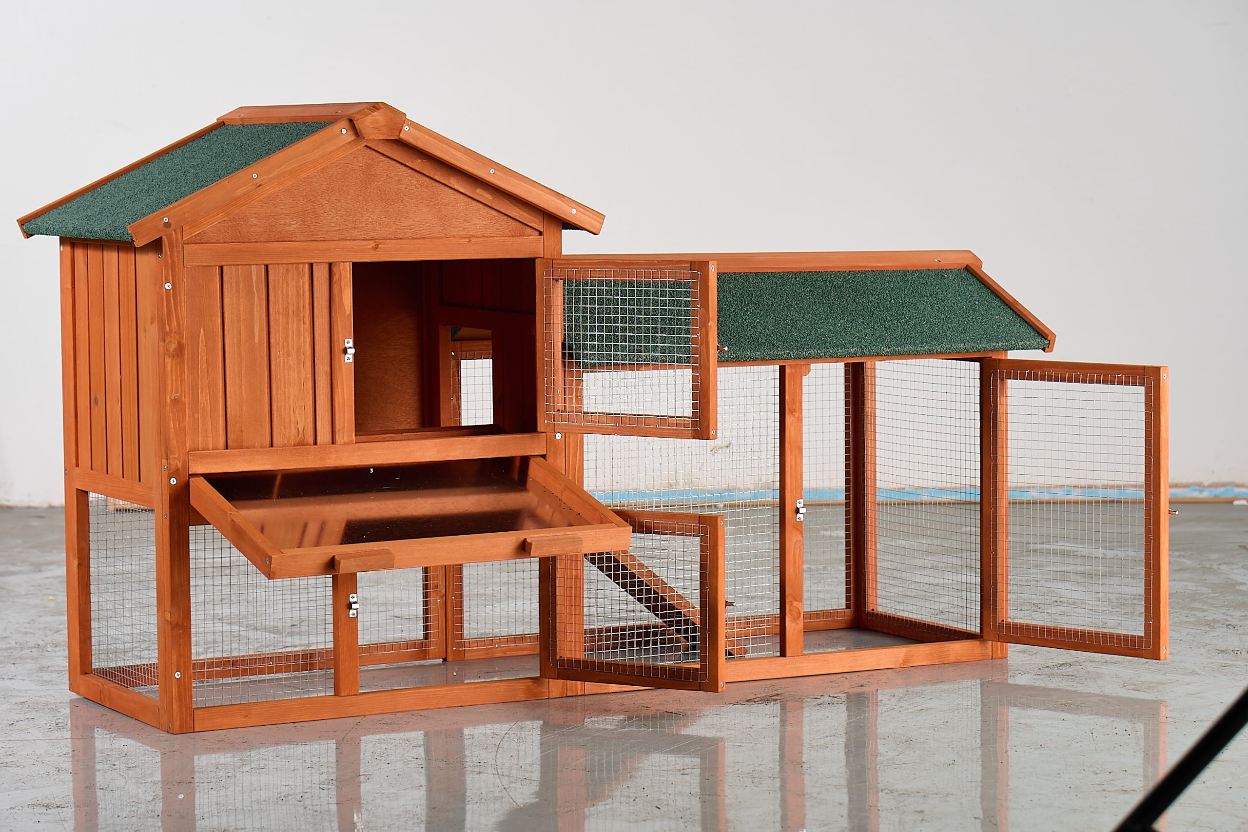 Noaman 2-Story Wooden Rabbit Hutch with Waterproof Roof, Pull-Out Tray & Ramp, 57.87x20.47x33.46in, Brown