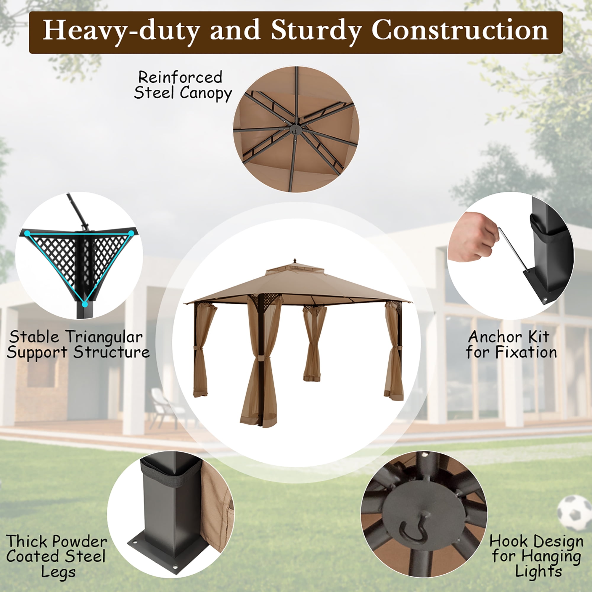 Costway 12' x 10' Outdoor Patio Gazebo Canopy Shelter Double Top Sidewalls Netting Brown