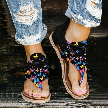 CHOII Clearance Women s Crystal Sandals Flowers Slippers Shoes Ladies Footwear Flat Beach Shoes Artistic Flip Flops for Womens Thong Sandals Black/6