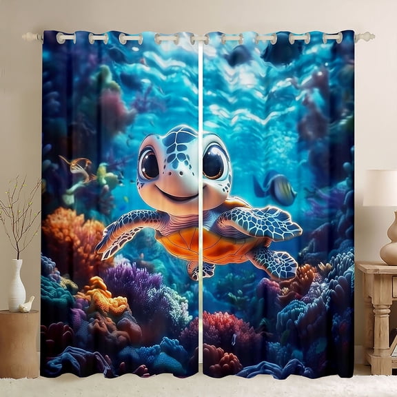 Erosebridal Teens Cartoon Sea Turtle Black Out Curtains,Boys Girls Kawaii Coastal Ocean Animal Curtains Pack of 2 (42x63 Each),Ultra Soft Home Decor