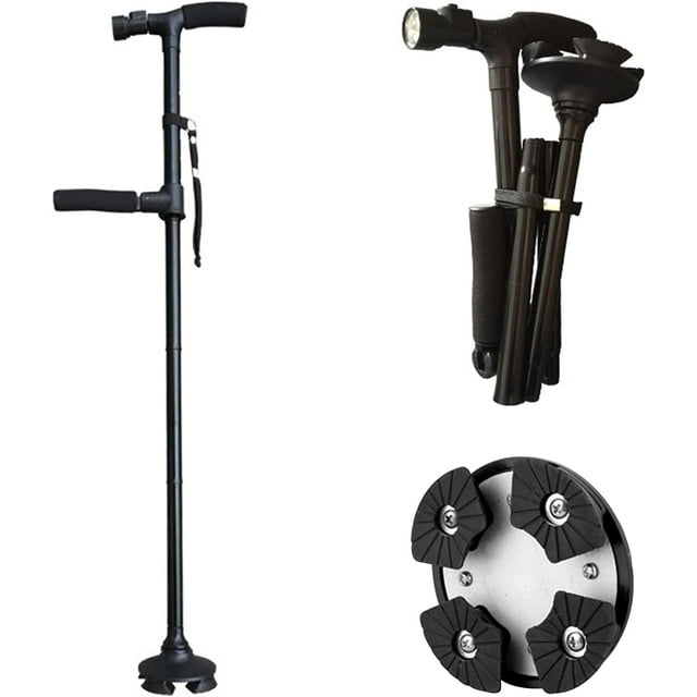 Negro - Bastón plegable de 1 pieza, bastón plegable LED, bastón para caminar, mango de gel ergonómico, fácil de plegar - Diseñado para hombres, mujeres, ancianos.