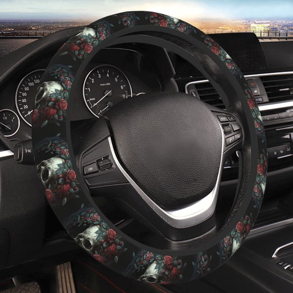 Steering Wheel Cover Anti-Slip Elastic Car Protective Universal 15 Inch Fit for Vehicles Auto SUVs , Skull Red Roses Cool