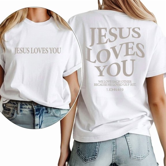 Jesus Loves You Christian Merch Pattern Womens T Shirt Christian Bible Verse Graphic Tees Short Sleeve Tops
