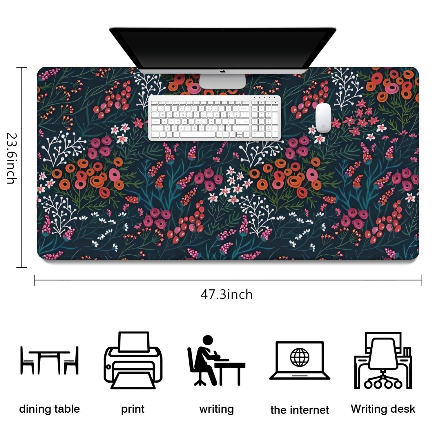 Long Mouse Pads for Desk,Pioneer Flower Floral Print Pattern Desk Mats on Top Of Desks, Desk Mouse Pad Extra Large with 3mm Non-Slip Base and Stitched Edge for Gaming,Office,Work,Home 47.3"x23.6"