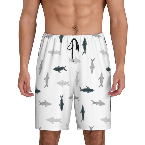 Balery Cute Shark Pantalones cortos de pijama de punto de algodón para hombre con cinturilla y bolsillos-XX-Large