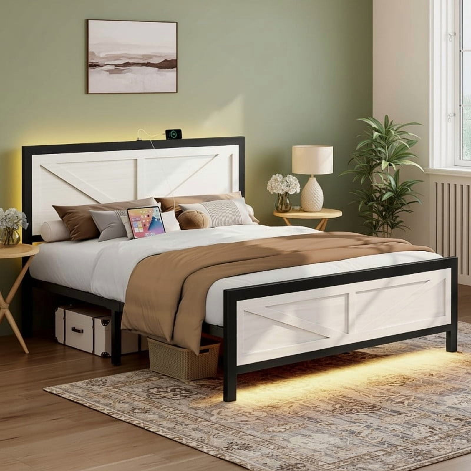 Rustic Bed Frame King Size with Barn Door Headboard, LED Bed Frame with Charging Station, Industrial Platform Metal Bed Frames, No Box Spring Needed, Easy Assembly, White