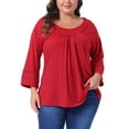 thumbnail image 1 of Blusas de mujer de talla grande Agnes Orinda, con mangas largas, panel de ganchillo, corte hueco, plisadas, casual, 1X, rojas, 1 of 5