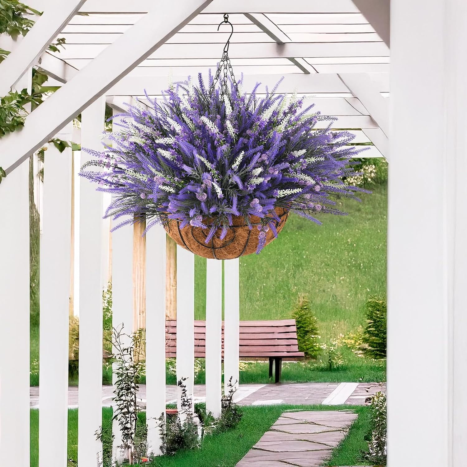 Artificial Plants Fake Flowers with Hanging Basket for Outdoor, 16 Bundles Faux Lavender Plant Hanging Flower in Planter Realistic UV Resistant for Spring Outside Porch Patio Garden Decoration