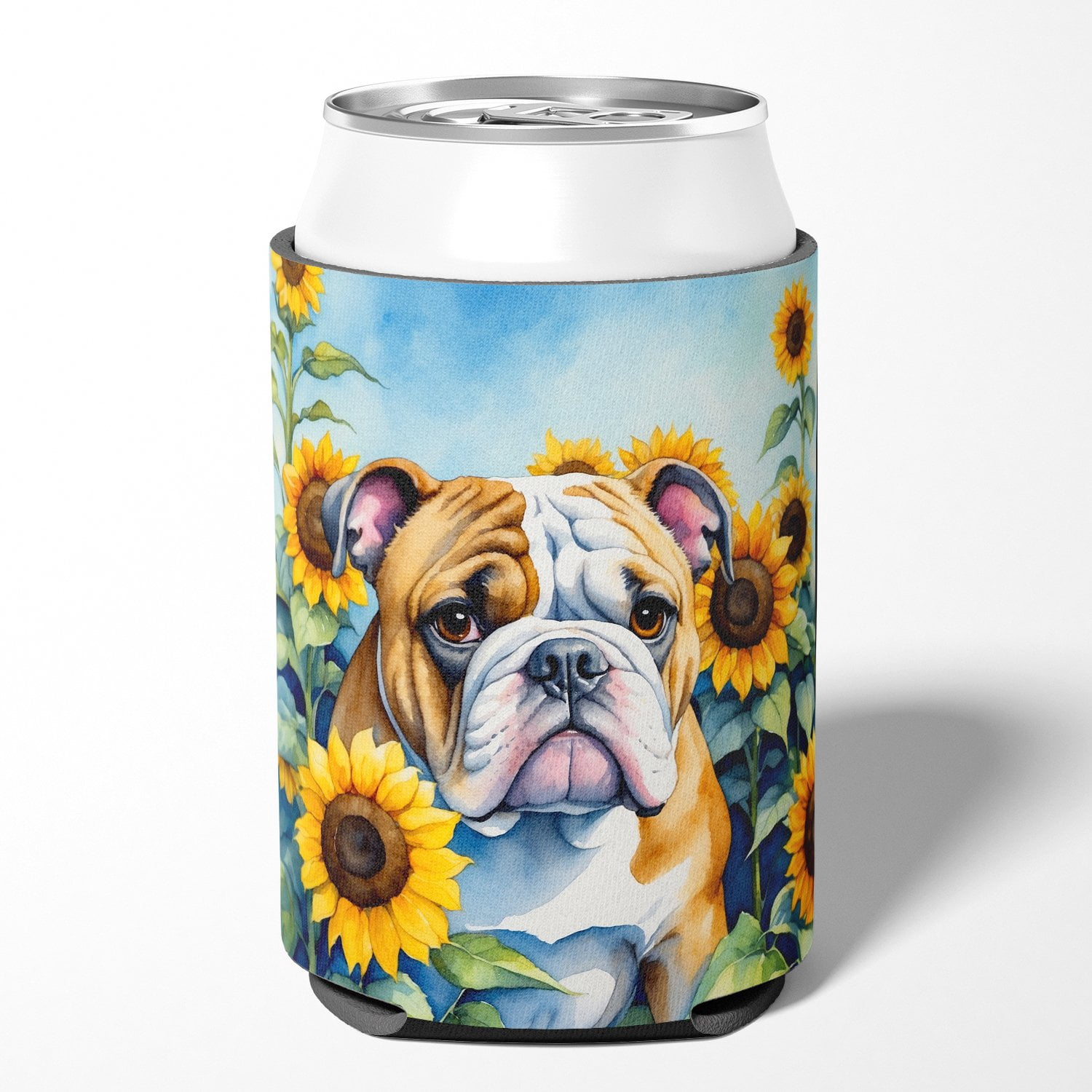 English Bulldog in Sunflowers Can or Bottle Hugger 3 in x 5 in