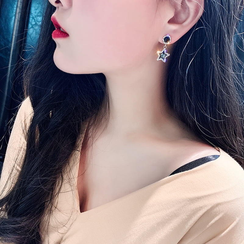 Korean celebrity fashion fresh simple gold diamond crystal rhinestone five pointed star jewelry stud drop earrings for women