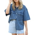 thumbnail image 2 of Short Sleeved Women's Denim Jacket, Oversized Casual Denim Shirt with Pocket Top, 2 of 5