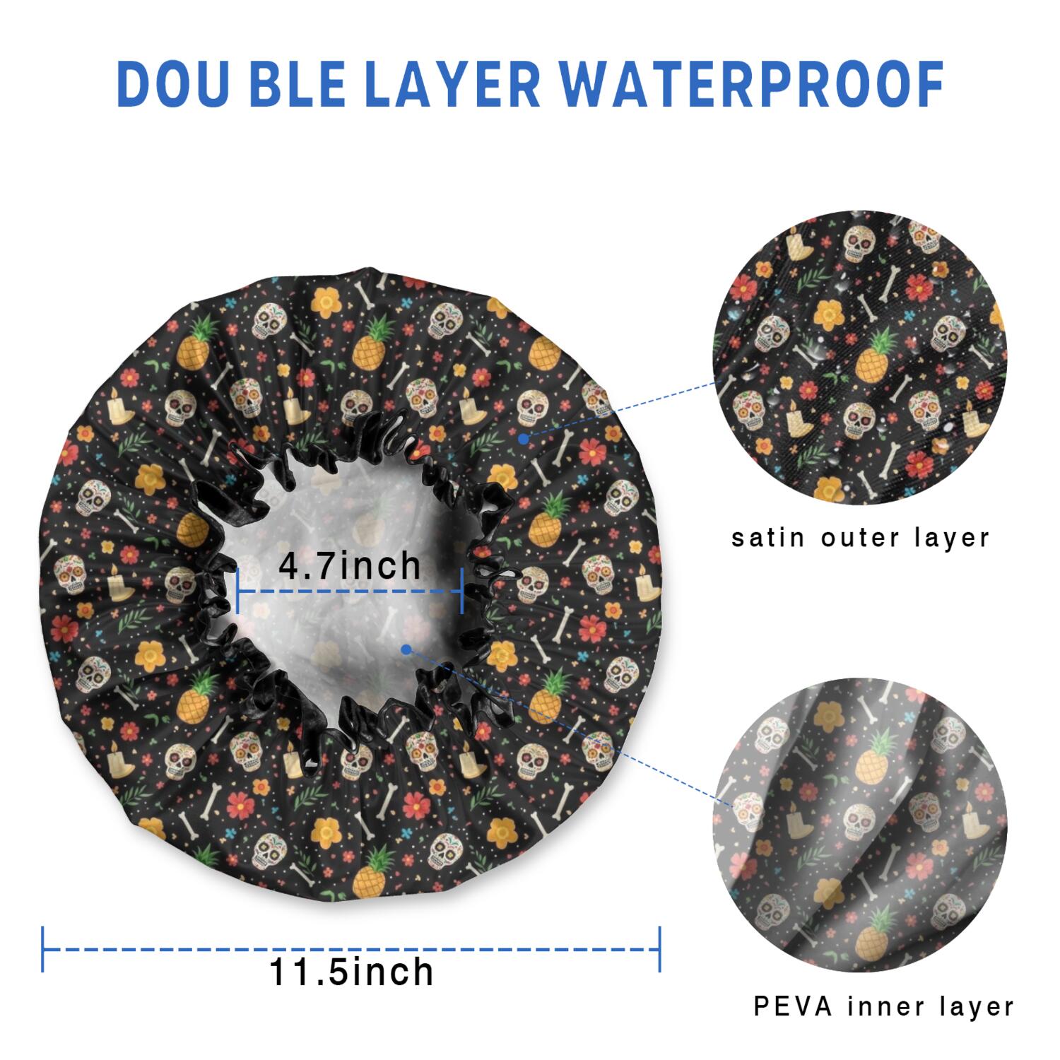 Shower Caps,Black Skull Pineapple Flower Pattern Waterproof Shower Cap for Women 4 Pieces,Double Reusable Hair Cover for Shower PEVA Elastic Stretch Hem