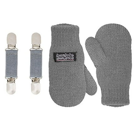 SANREMO Unisex Kids Toddler Knitted Fleece Lined Warm Winter Mittens and Mitten Clips Set (4-6 Years, Light Grey)