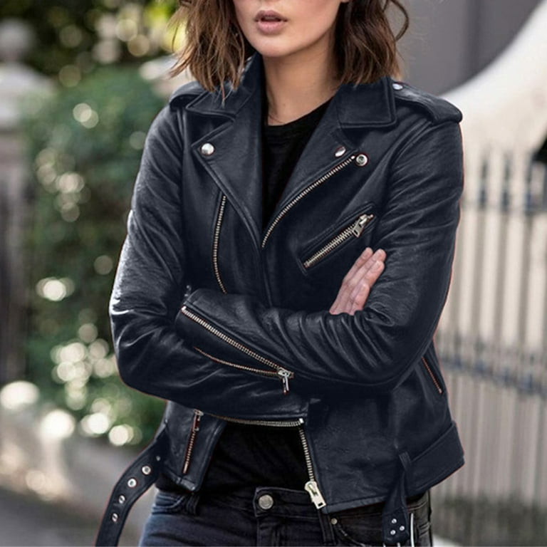 HSMQHJWE Womens Black Blazer Winter Casual Jacket Women Women Plus Size  Fashion Leather Jacket Long Sleeve Zipper Fitted Artificial Leather Coat  Fall
