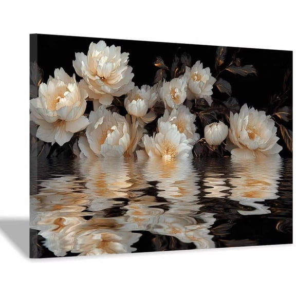 Mudket White Peony Flowers with Gold Accents Canvas Wall Art, Framed Floral Print, Ready to Hang Wall Decor for Living Room, Luxury Black Background Artwork - 12"L x 8"W