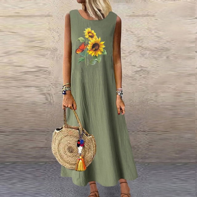 FcBaudy Robe Sans Manches Col Rond, Robes d'Été pour Femmes, Robes Mode Femmes Robes d'Été Décontractées Col Rond Sans Manches avec Poches Robe Longue de Plage pour Vacances