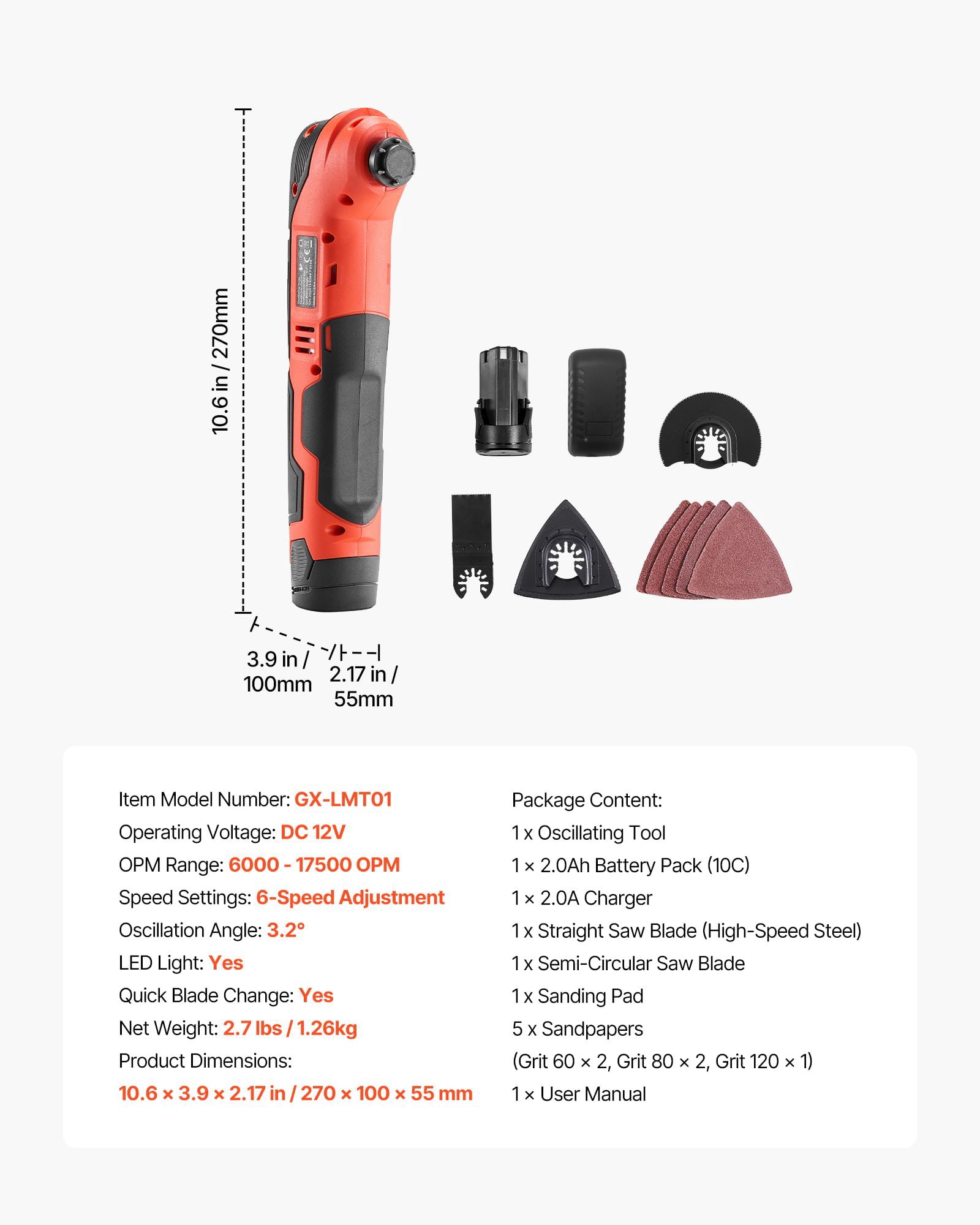 Cordless Oscillating Tool Kit 12V, 6 Speeds 6000-17500 OPM, 3.2° Oscillation Angle, 2.0Ah Battery, Quick Blade Change, LED Light for Woodworking DIY