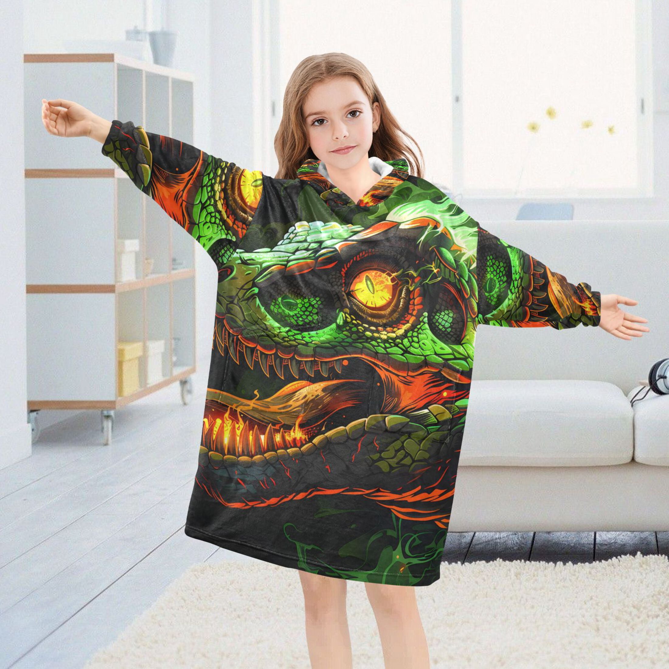 joogoo Wearable Blanket Hoodie for Kids Dinosaur with Fire Flannel Oversized Sweatshirt 3-14 Years M