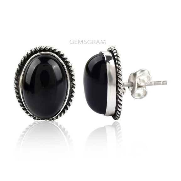 Gemsgram Handcrafted Black Onyx 925 Sterling Silver Stud Earrings - Statement of Style