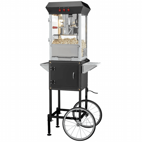 Popcorn Maker with Cart, 850W Popcorn Popper Machine - 8oz Kettle, 48 Cups/Batch, Tempered Glass, Movie Theater Style, Includes Scoops, Black